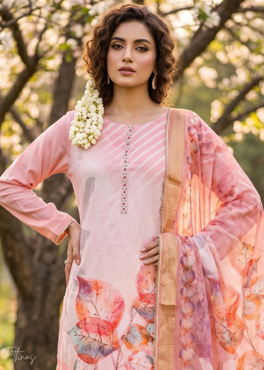 Pink Watercolor-Blossom Rayon Cotton Palazzo Suit
