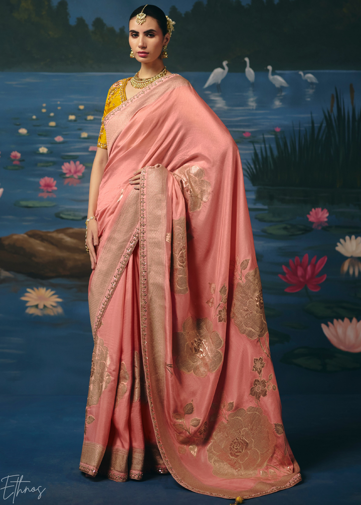 Peach Traditional Zari Woven Border Dola Silk Saree