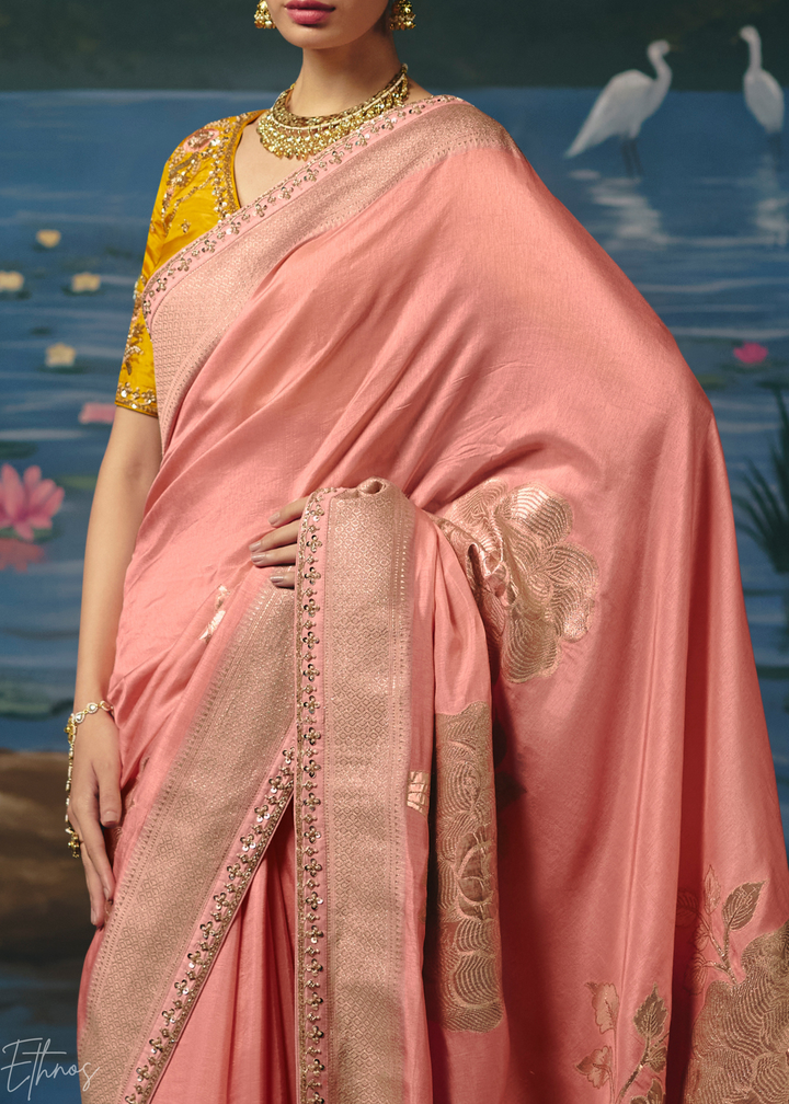 Peach Traditional Zari Woven Border Dola Silk Saree