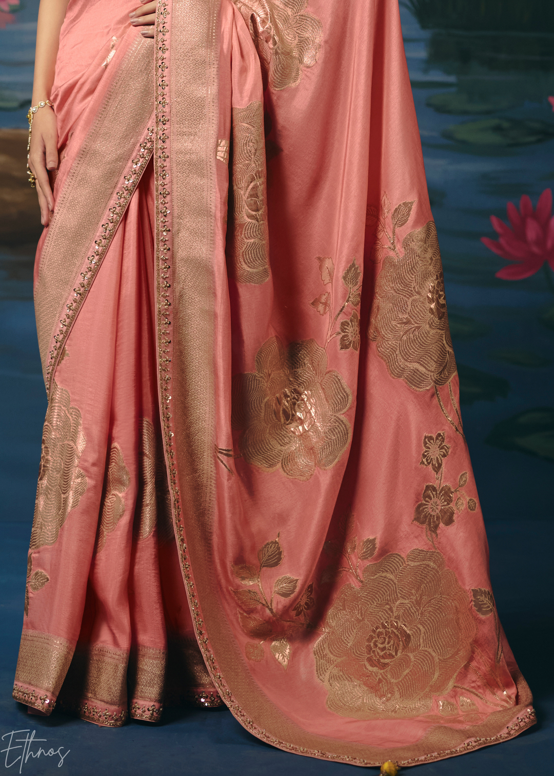 Peach Traditional Zari Woven Border Dola Silk Saree