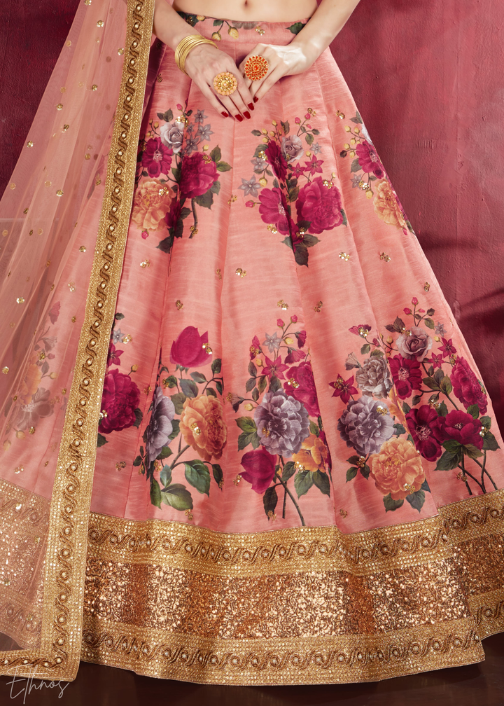 Blush Peach Zari Rose Silk Lehenga