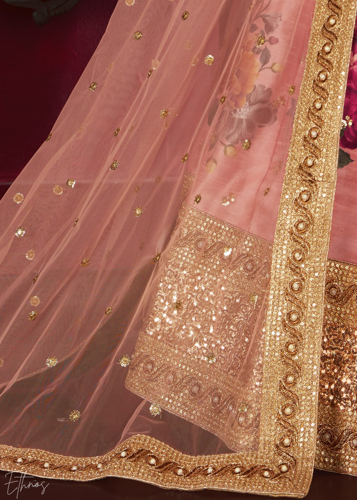 Blush Peach Zari Rose Silk Lehenga