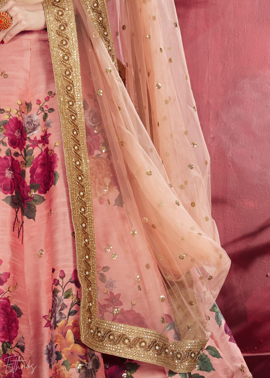 Blush Peach Zari Rose Silk Lehenga