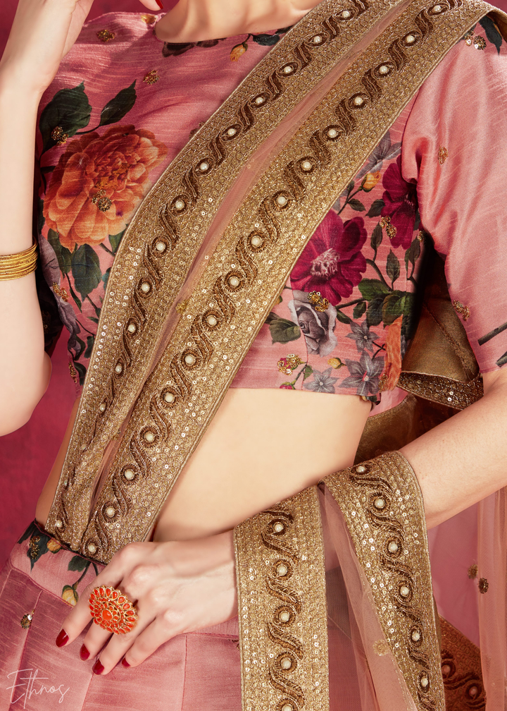 Blush Peach Zari Rose Silk Lehenga
