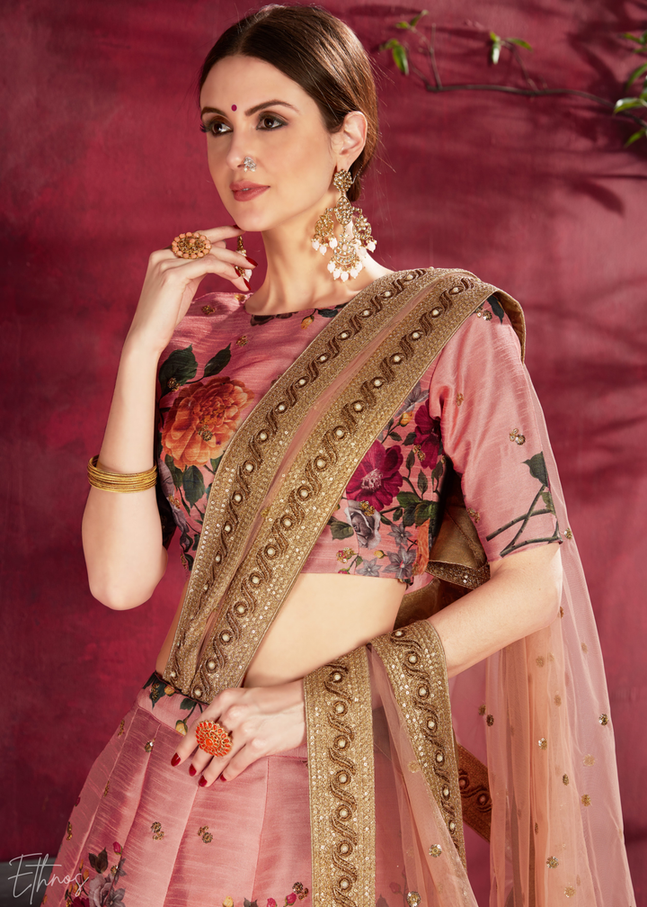 Blush Peach Zari Rose Silk Lehenga