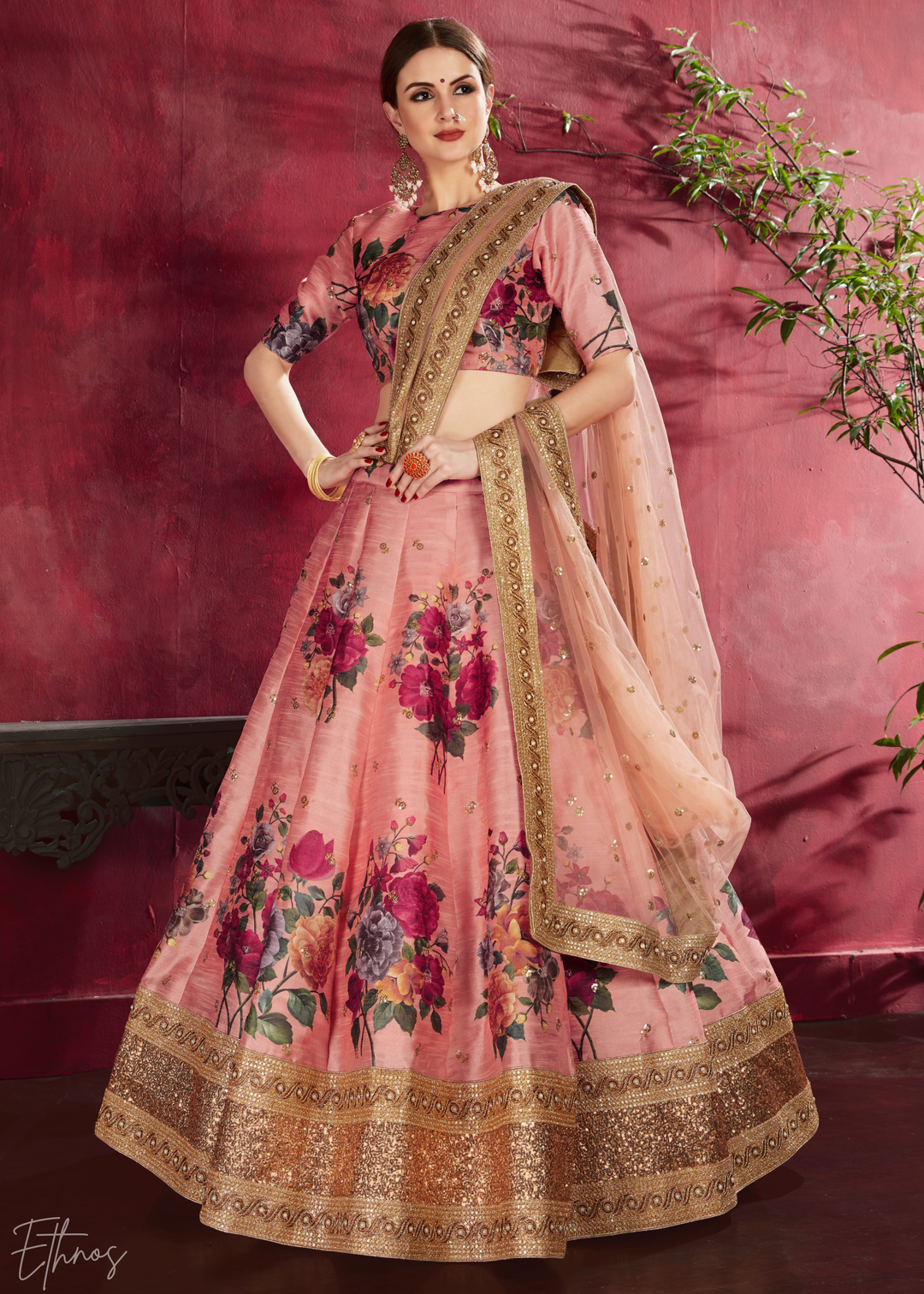 Blush Peach Zari Rose Silk Lehenga