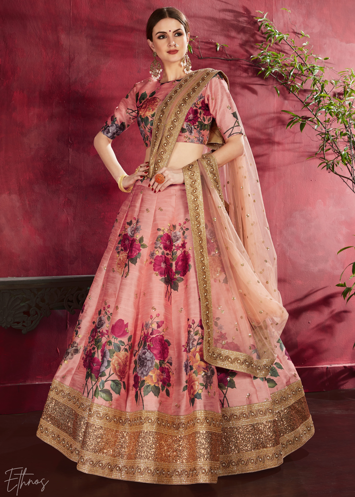 Blush Peach Zari Rose Silk Lehenga
