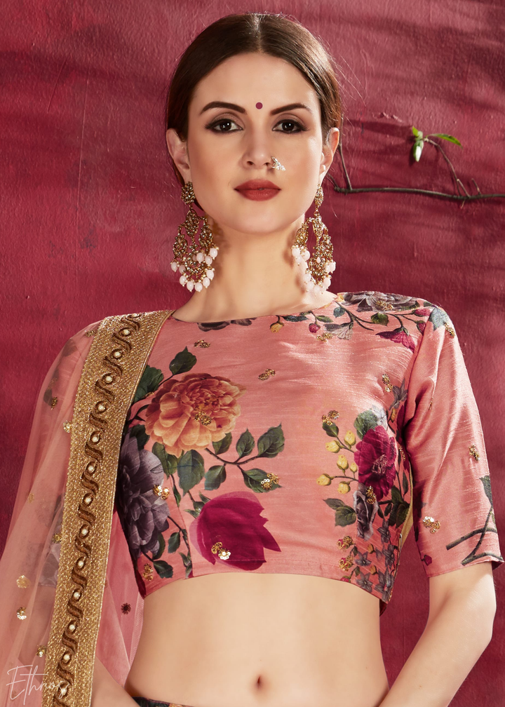 Blush Peach Zari Rose Silk Lehenga