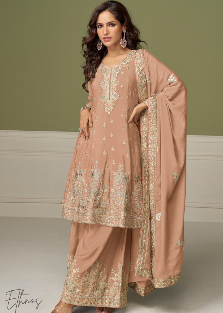 Peach Chinon Palazzo Salwar Suit
