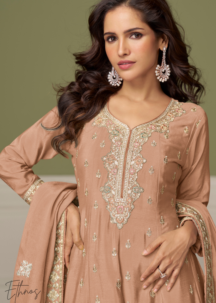 Peach Chinon Palazzo Salwar Suit