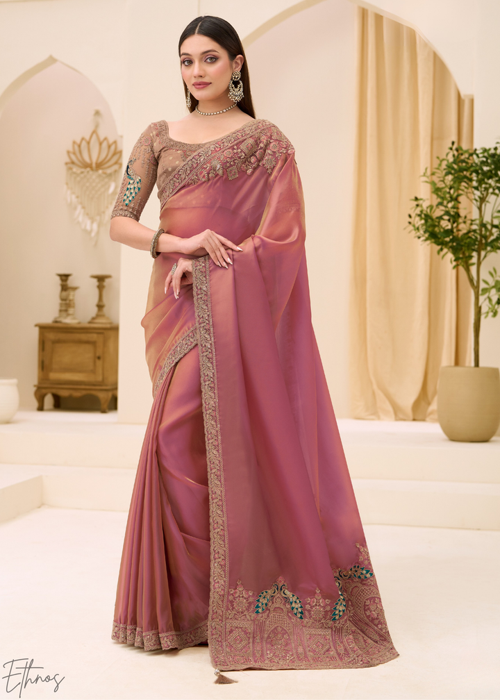 Peach Coral Delicate Sheer Tissue Georgette Saree