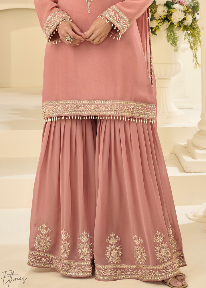 Blush Pink Zari Detailed Georgette Sharara Suit