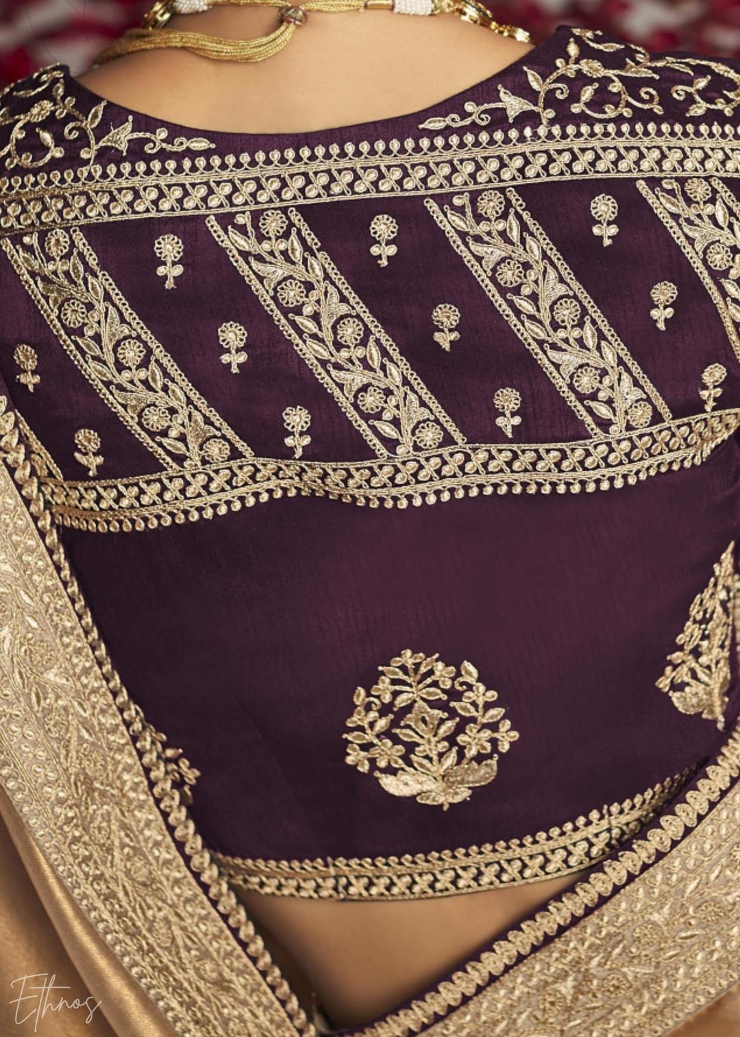 Golden Metallic Embroidered Organza Silk Saree