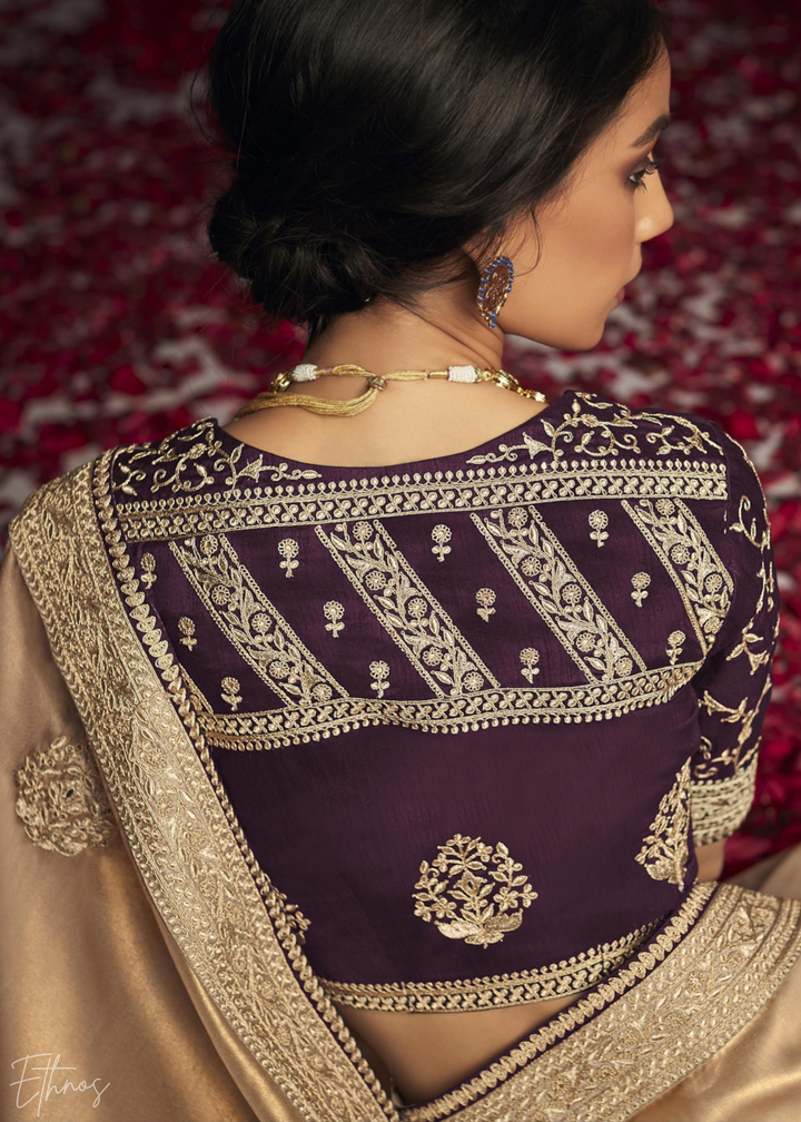 Golden Metallic Embroidered Organza Silk Saree