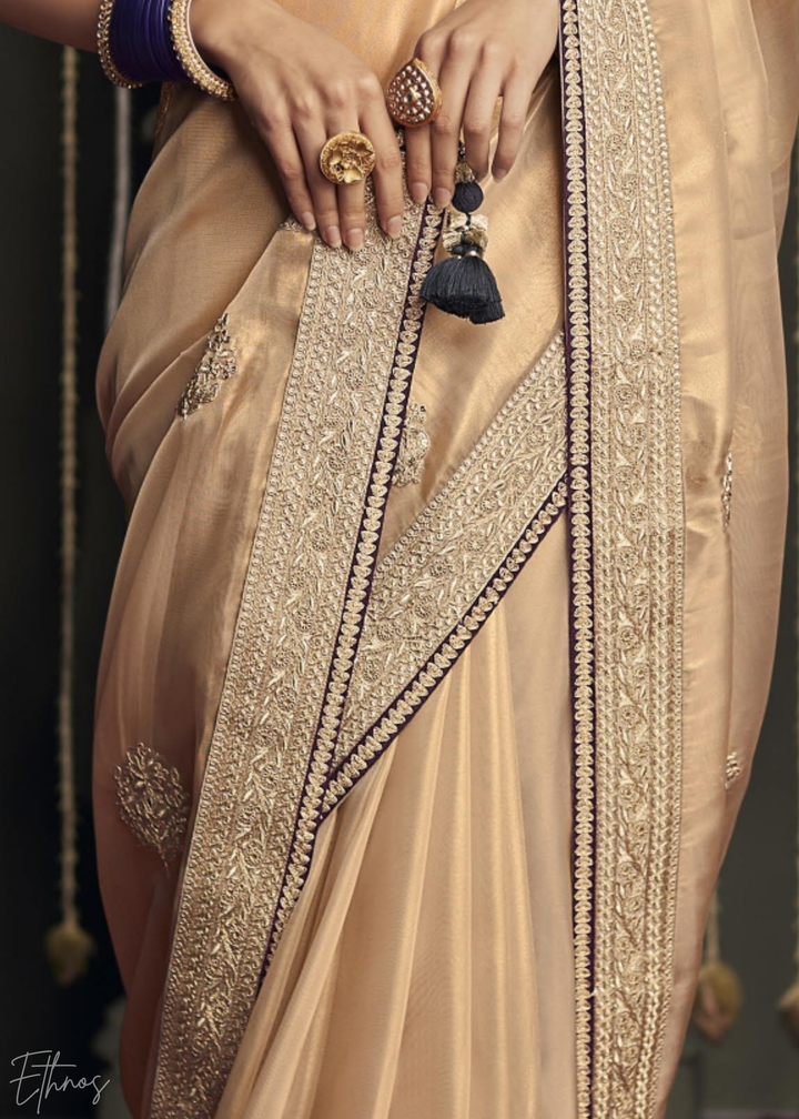 Golden Metallic Embroidered Organza Silk Saree