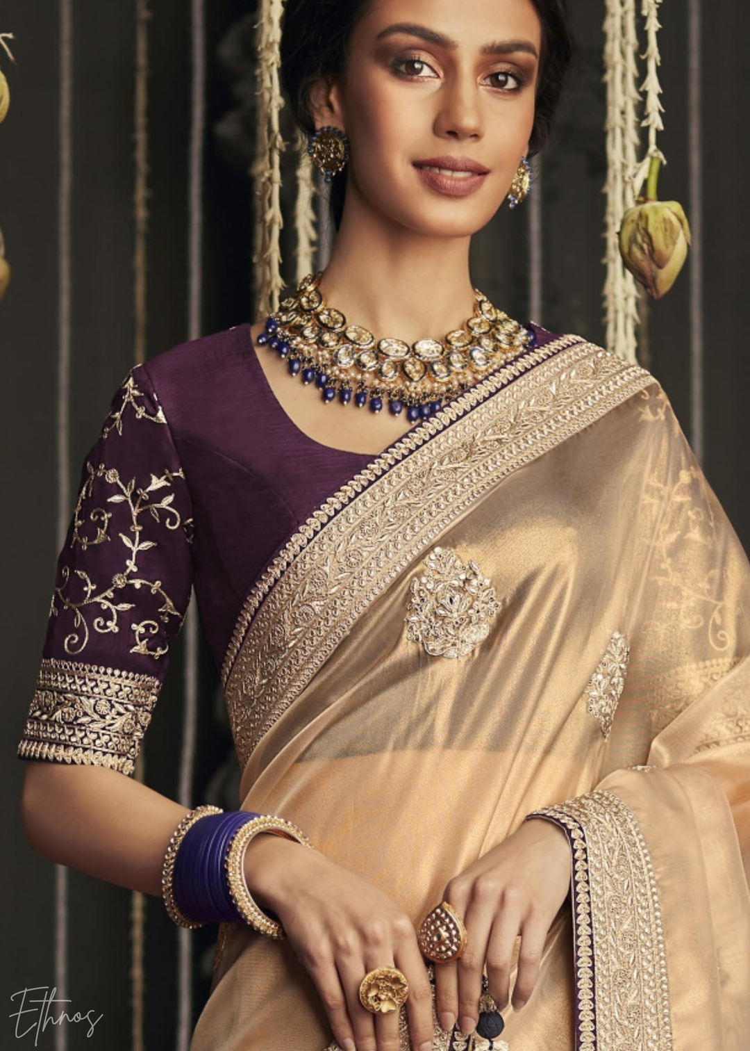 Golden Metallic Embroidered Organza Silk Saree