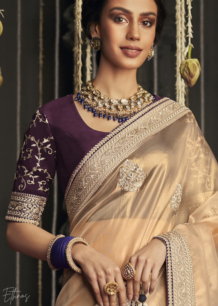 Golden Metallic Embroidered Organza Silk Saree