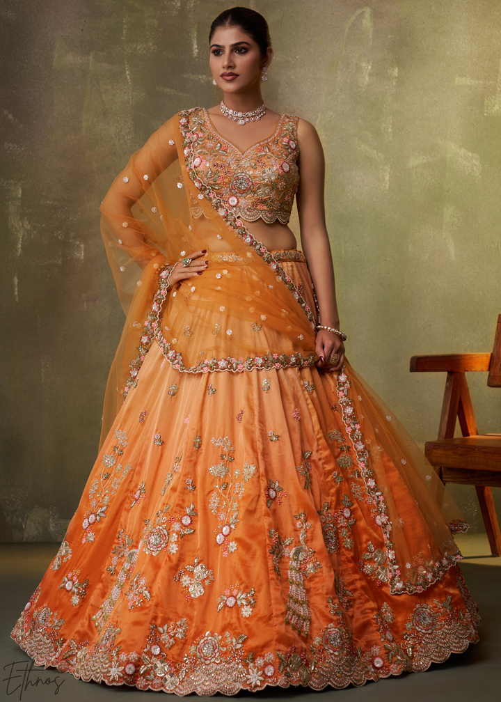Peach Orange Tissue Silk Lehenga