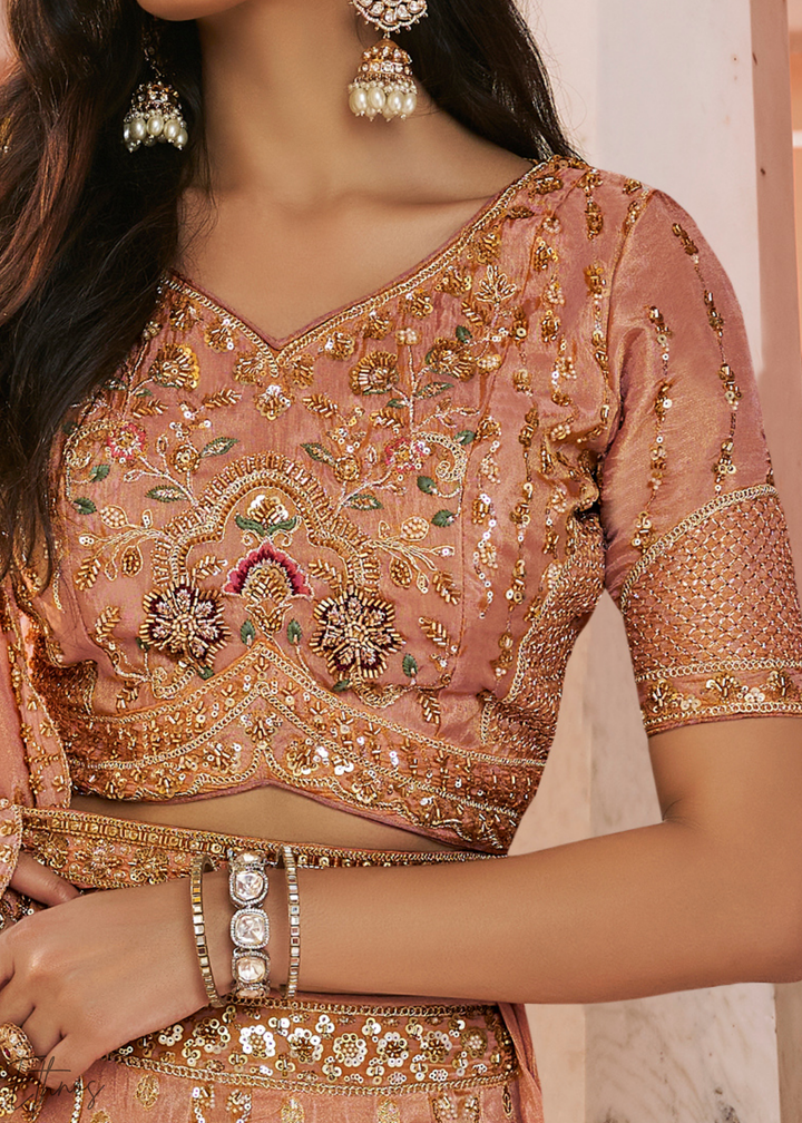 Peach Pink Paisley Weave Banarasi Silk Lehenga Choli