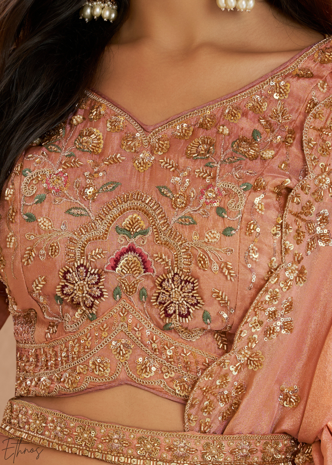 Peach Pink Paisley Weave Banarasi Silk Lehenga Choli