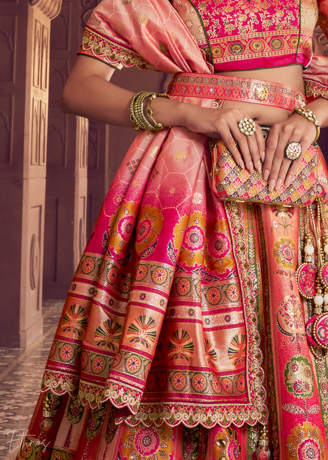 Peach-Pink Banarasi Silk Lehenga