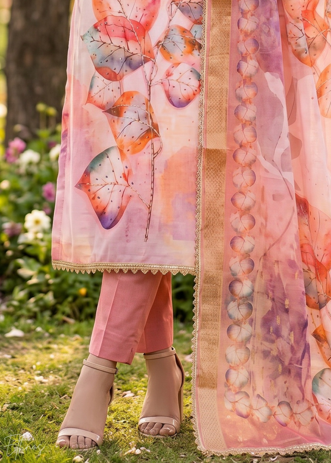 Pink Watercolor-Blossom Rayon Cotton Palazzo Suit