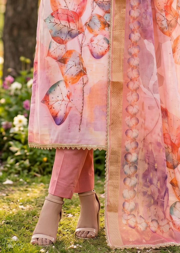 Pink Watercolor-Blossom Rayon Cotton Palazzo Suit