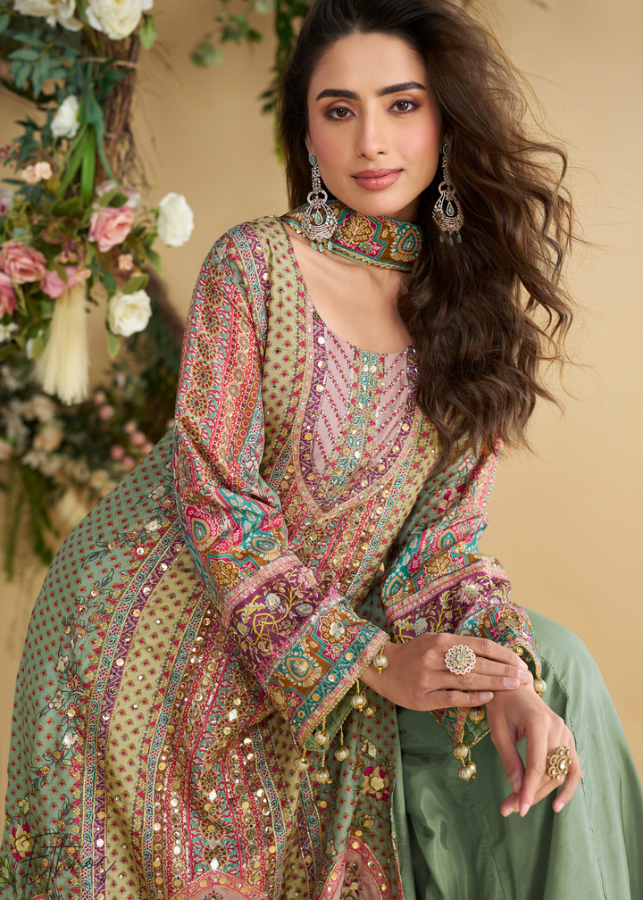 Peach & Green Crepe Silk Palazzo Salwar Suit