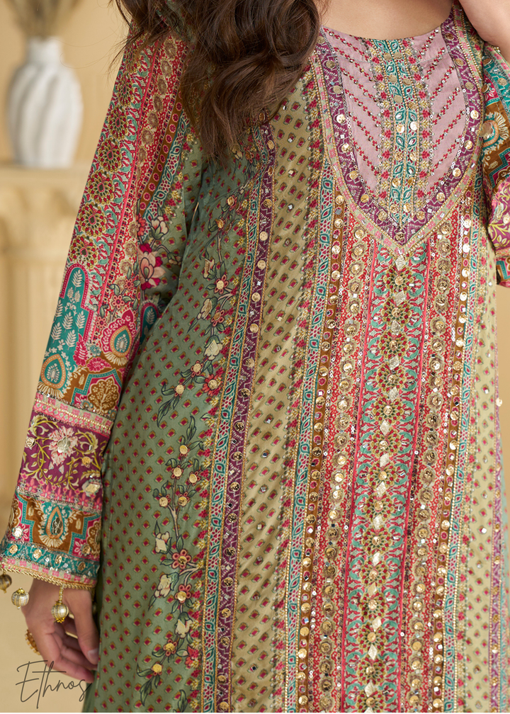 Peach & Green Crepe Silk Palazzo Salwar Suit