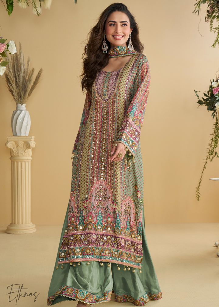Peach & Green Crepe Silk Palazzo Salwar Suit