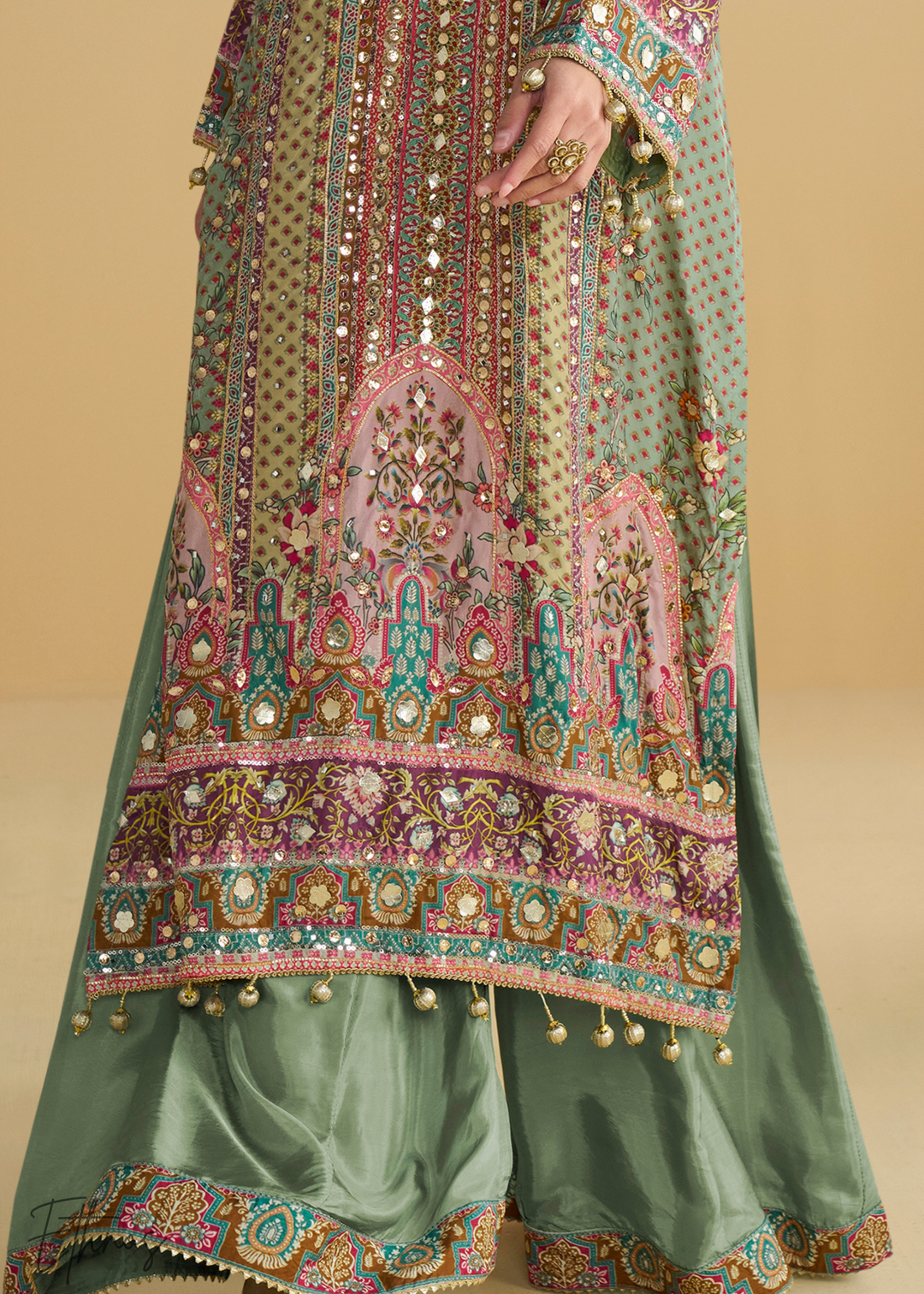 Peach & Green Crepe Silk Palazzo Salwar Suit