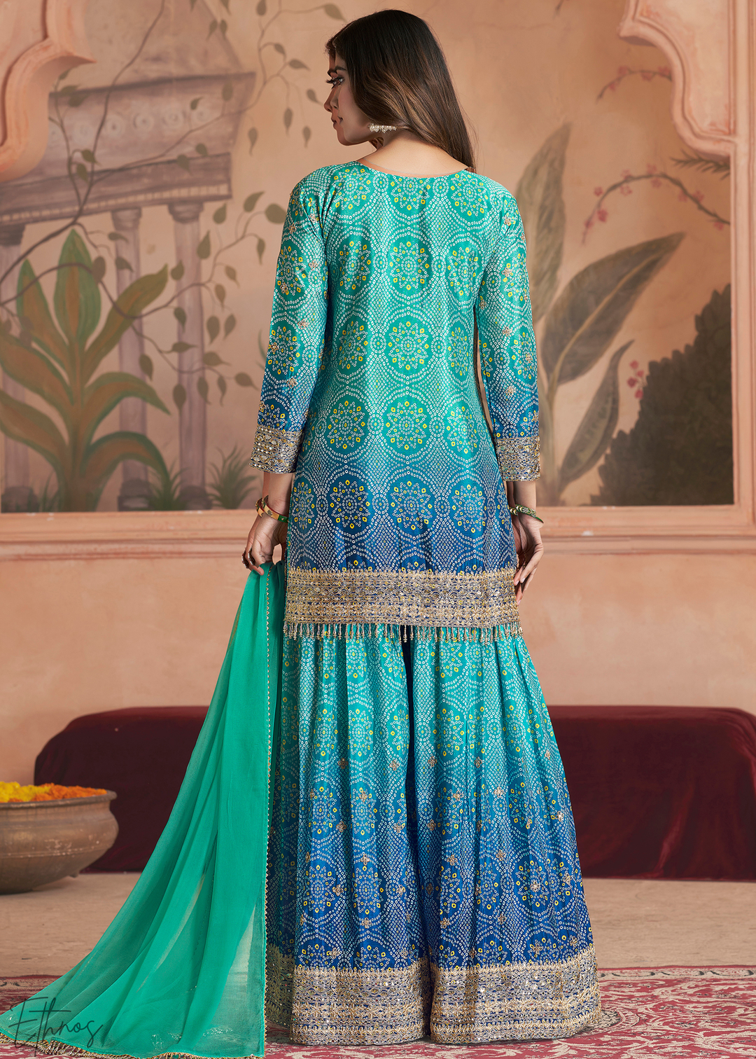 Peacock Blue Bandhani Chinon Sharara Suit