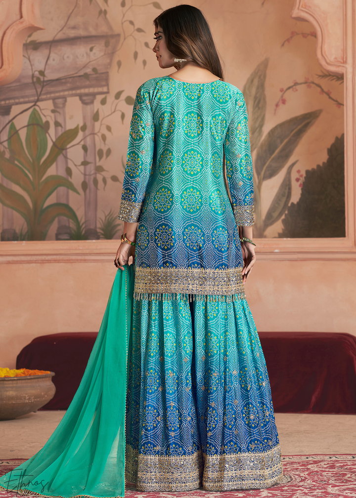 Peacock Blue Bandhani Chinon Sharara Suit