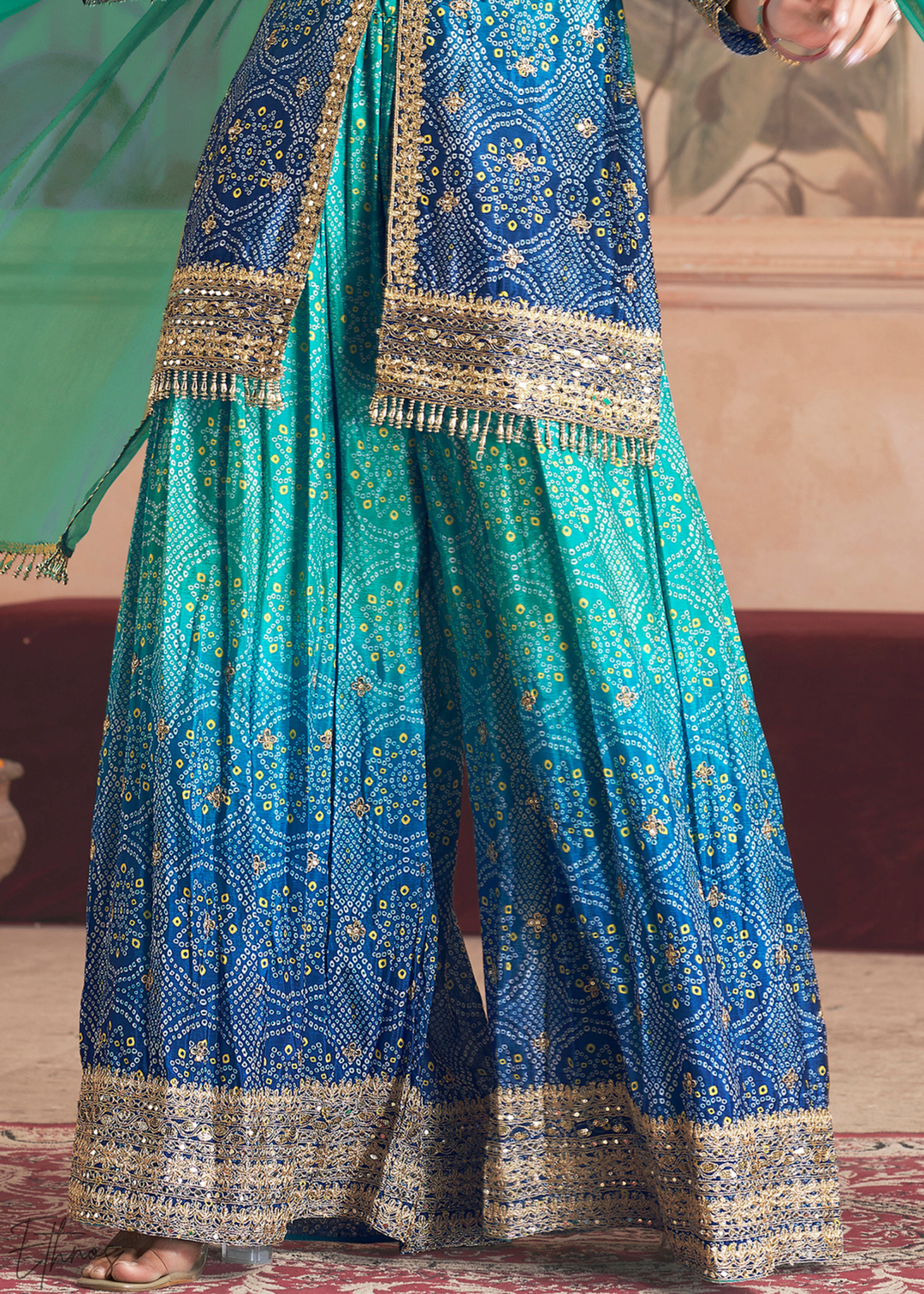 Peacock Blue Bandhani Chinon Sharara Suit