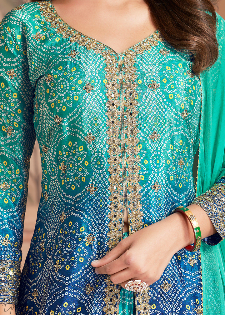 Peacock Blue Bandhani Chinon Sharara Suit