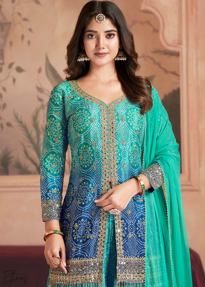 Peacock Blue Bandhani Chinon Sharara Suit