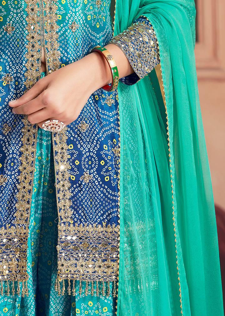 Peacock Blue Bandhani Chinon Sharara Suit