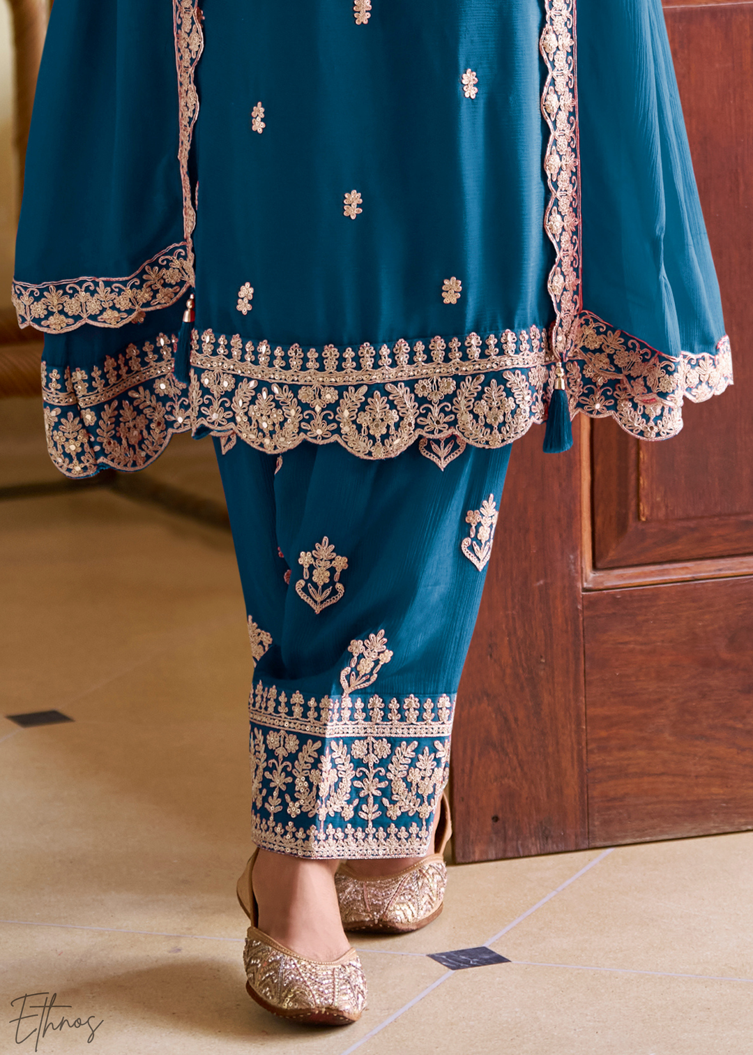 Peacock Blue Embroidered Chinon Salwar Suit