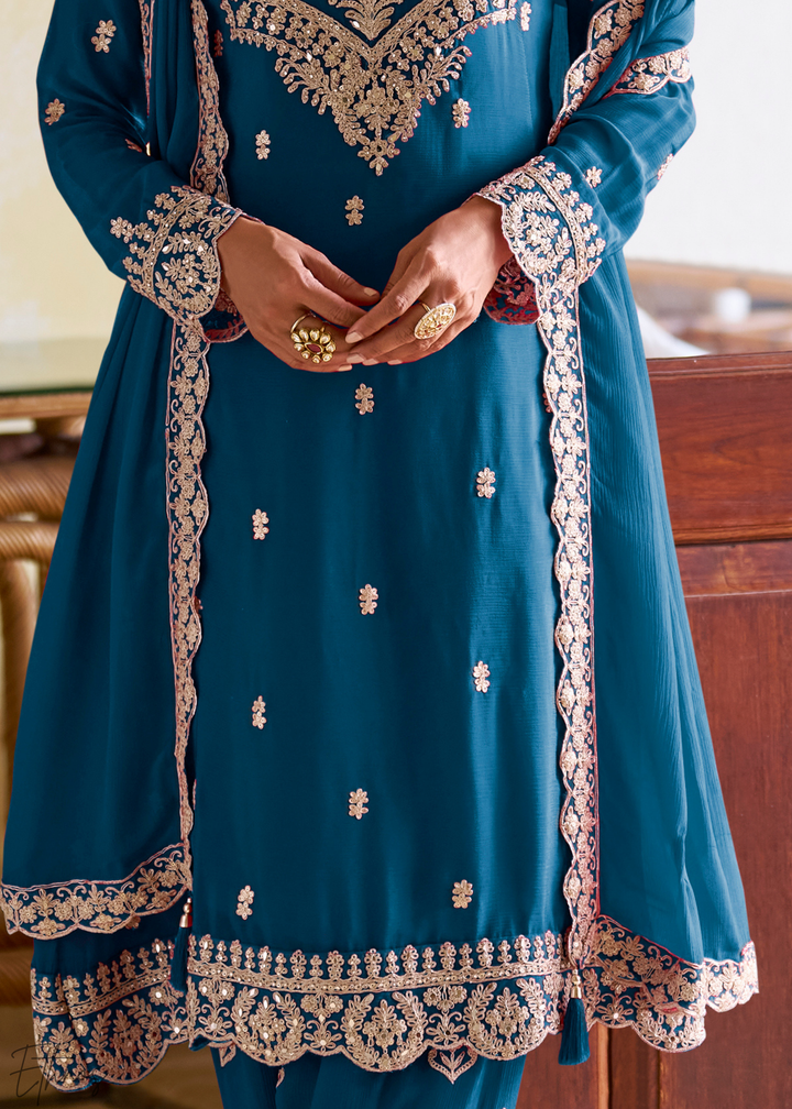Peacock Blue Embroidered Chinon Salwar Suit