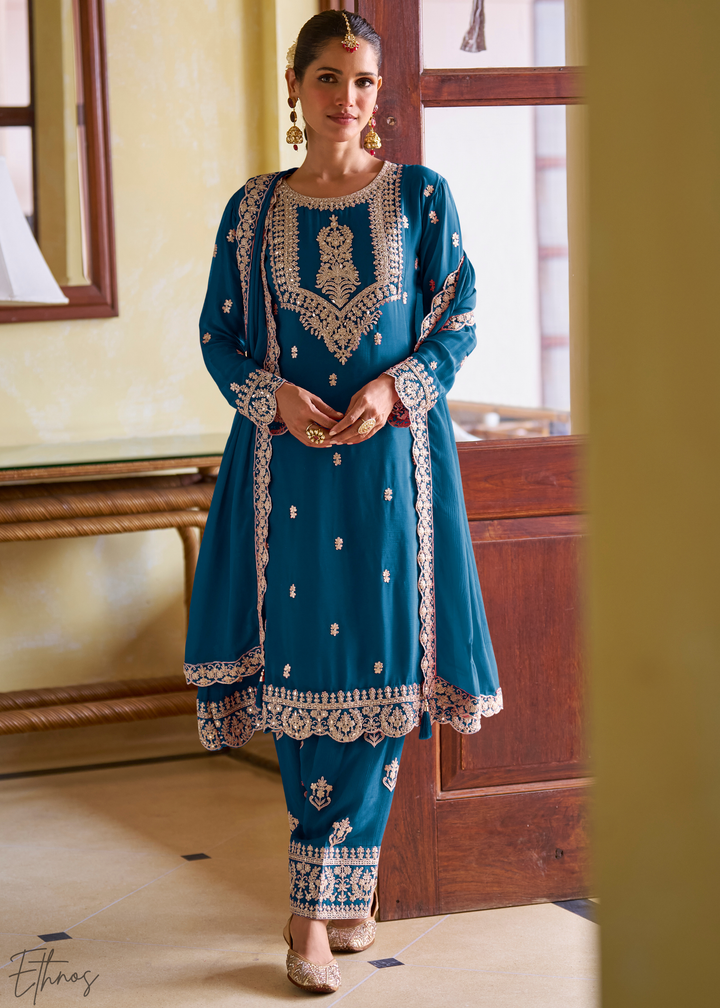 Peacock Blue Embroidered Chinon Salwar Suit