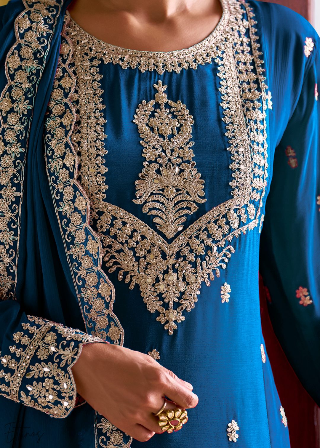 Peacock Blue Embroidered Chinon Salwar Suit