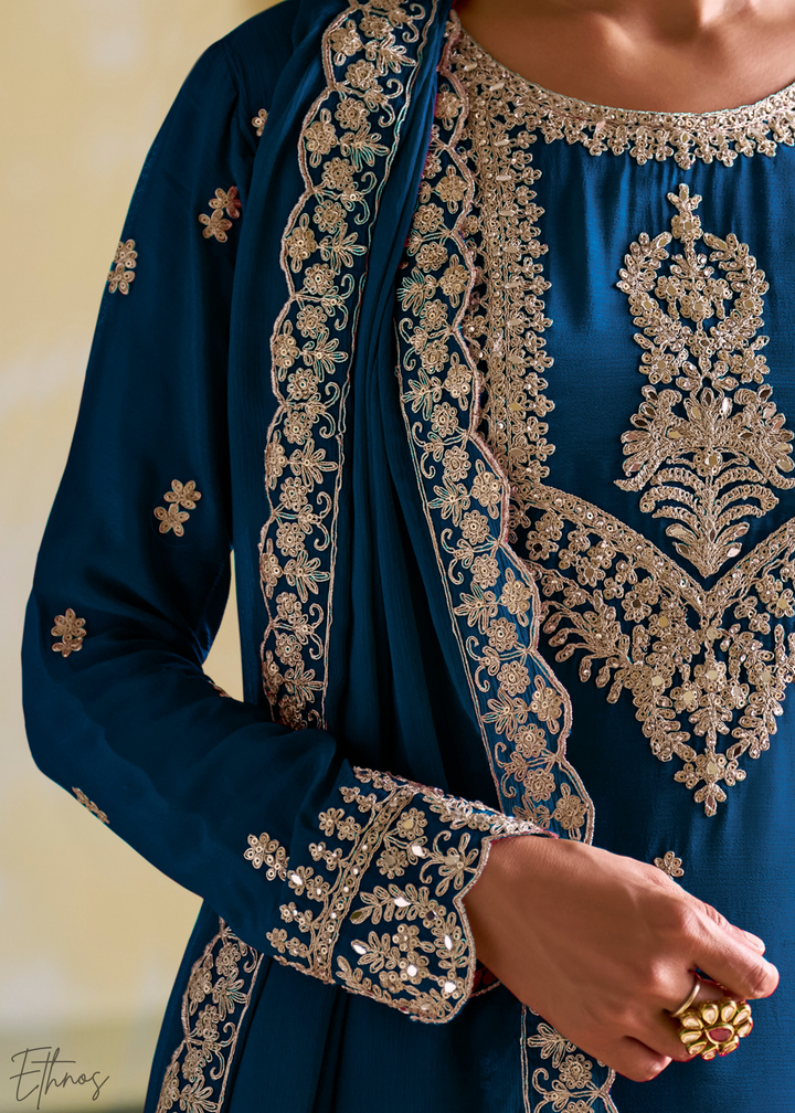 Peacock Blue Embroidered Chinon Salwar Suit