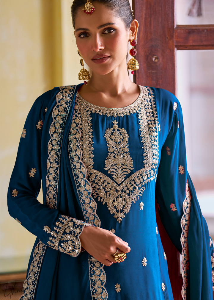 Peacock Blue Embroidered Chinon Salwar Suit