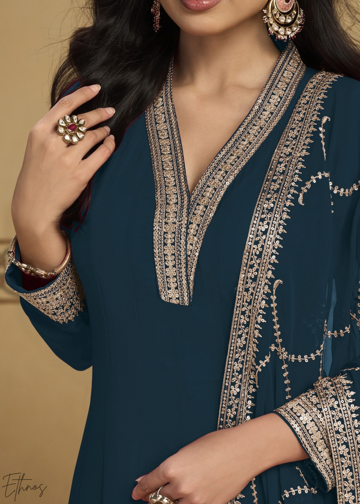 Peacock Blue Embroidered Georgette Anarkali Suit