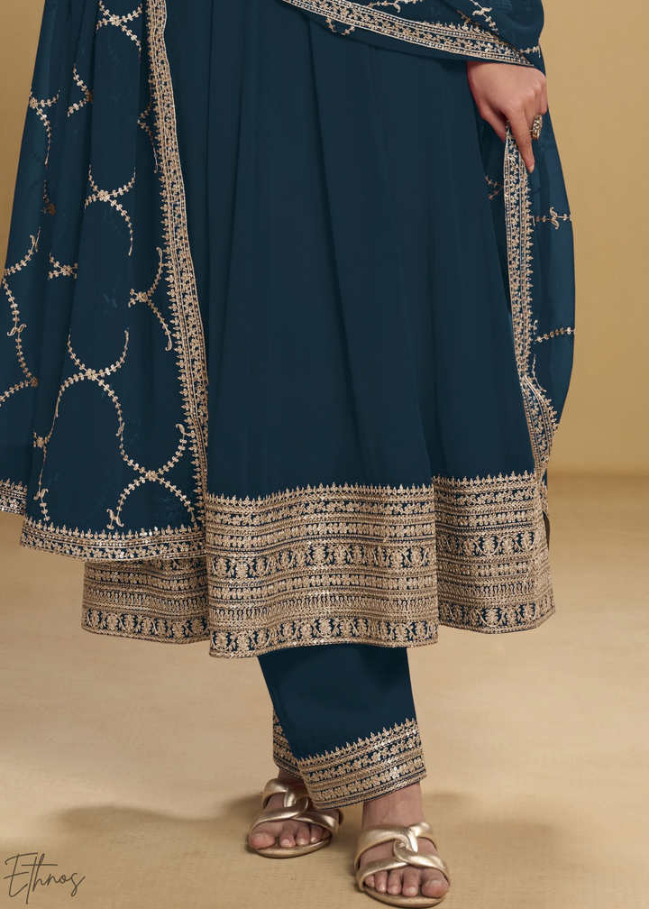 Peacock Blue Embroidered Georgette Anarkali Suit