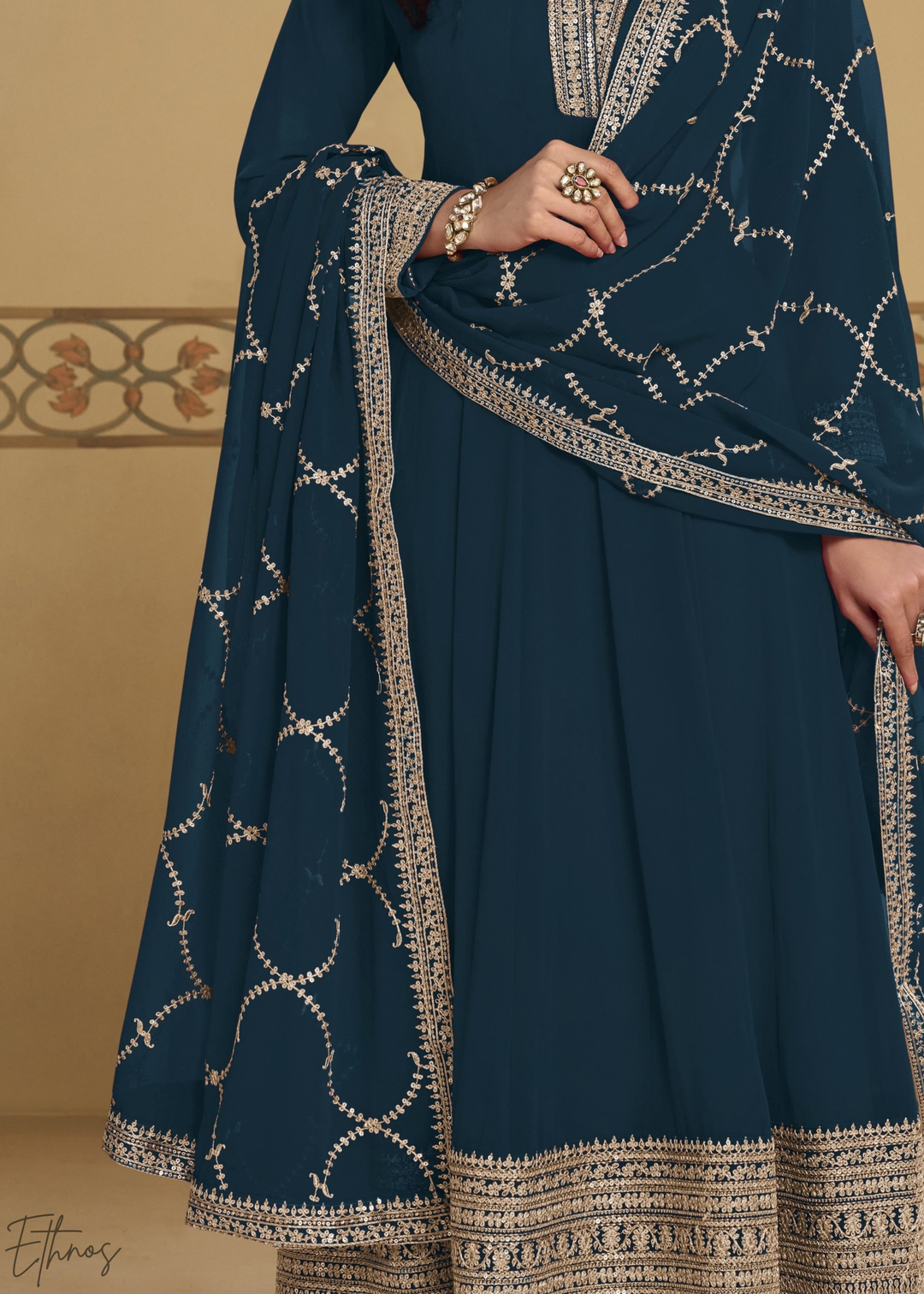 Peacock Blue Embroidered Georgette Anarkali Suit