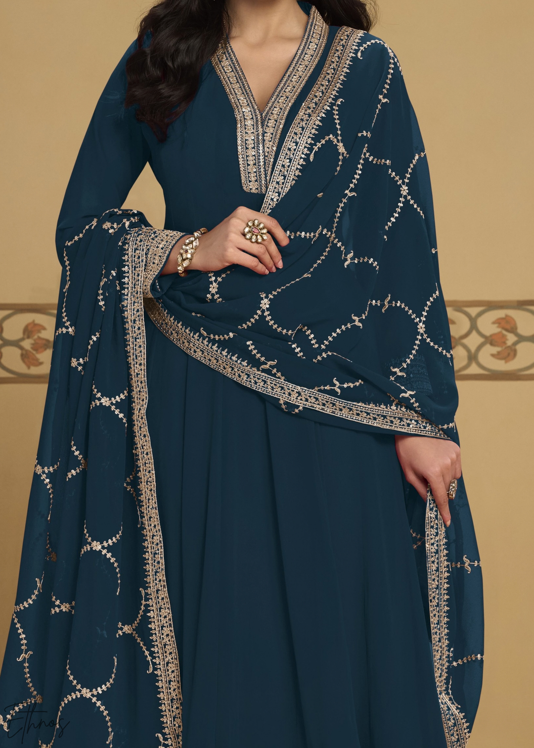 Peacock Blue Embroidered Georgette Anarkali Suit