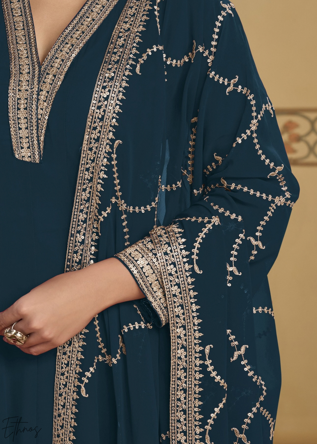 Peacock Blue Embroidered Georgette Anarkali Suit