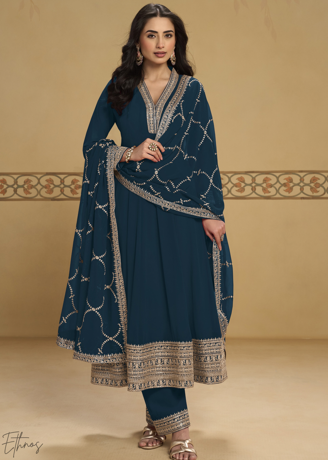 Peacock Blue Embroidered Georgette Anarkali Suit
