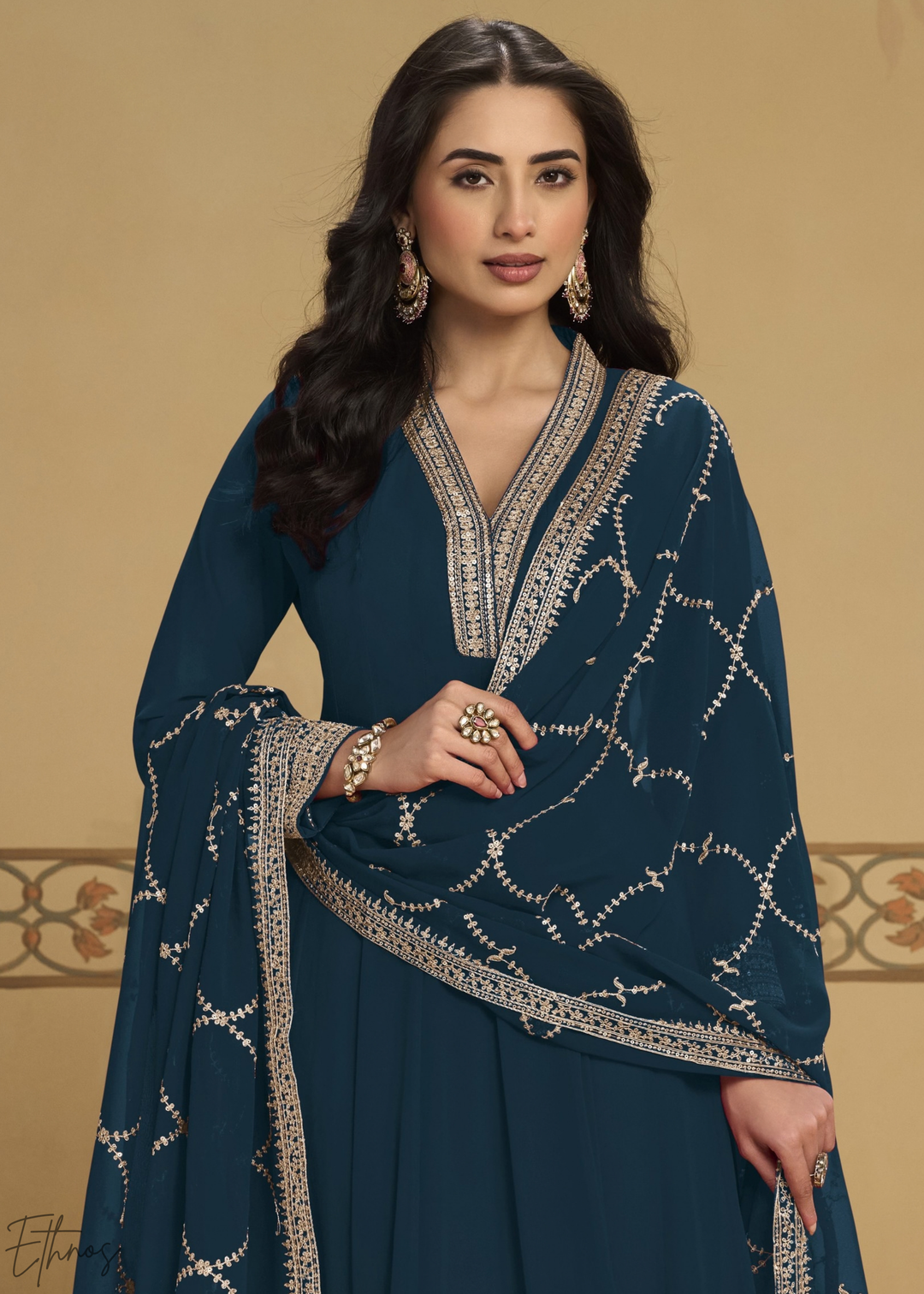 Peacock Blue Embroidered Georgette Anarkali Suit